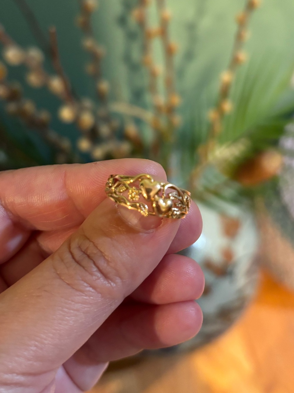 Vintage 14K Rose Gold Floral Hearts Filigree Promise Ring in Size 7
